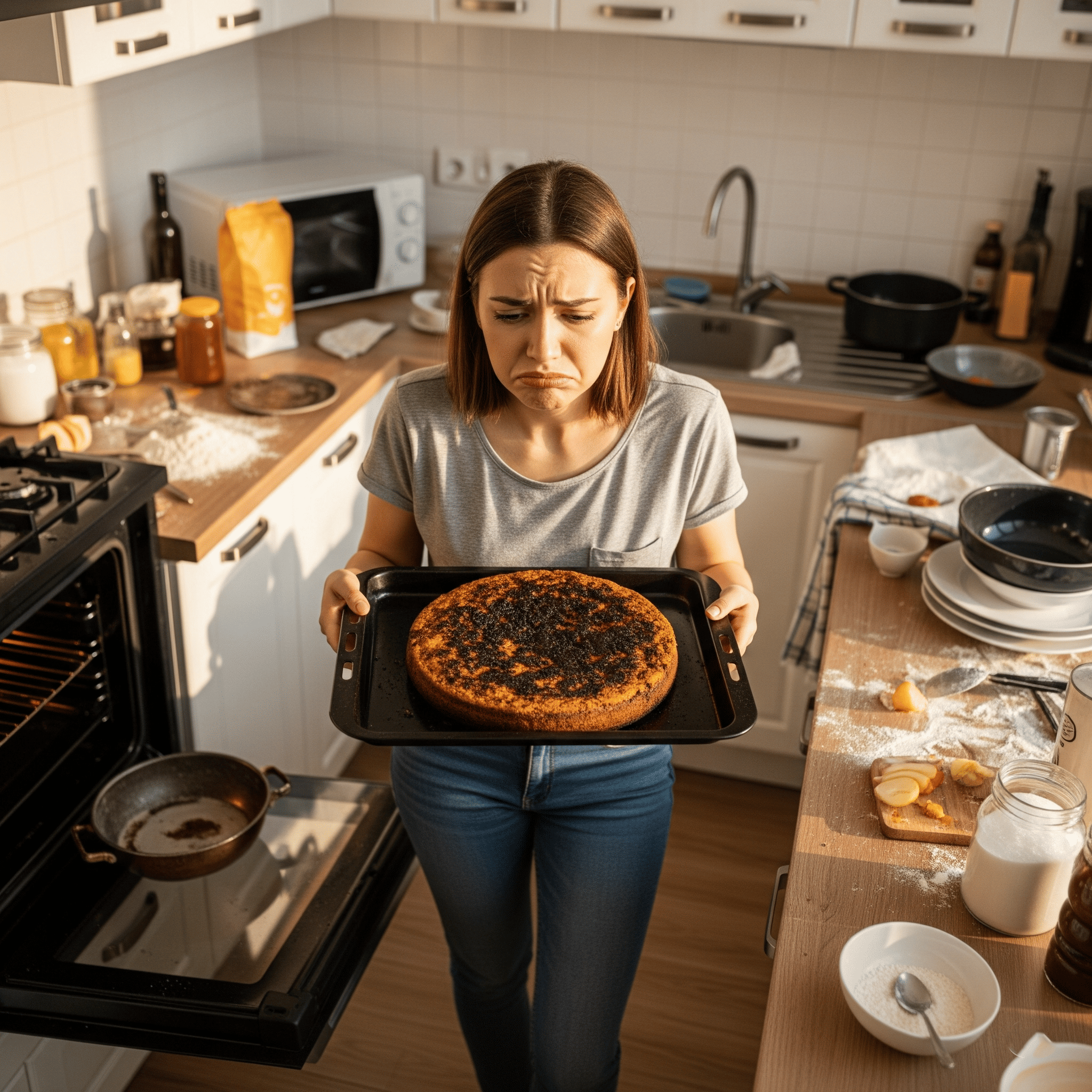 Frustração na cozinha com bolo queimado