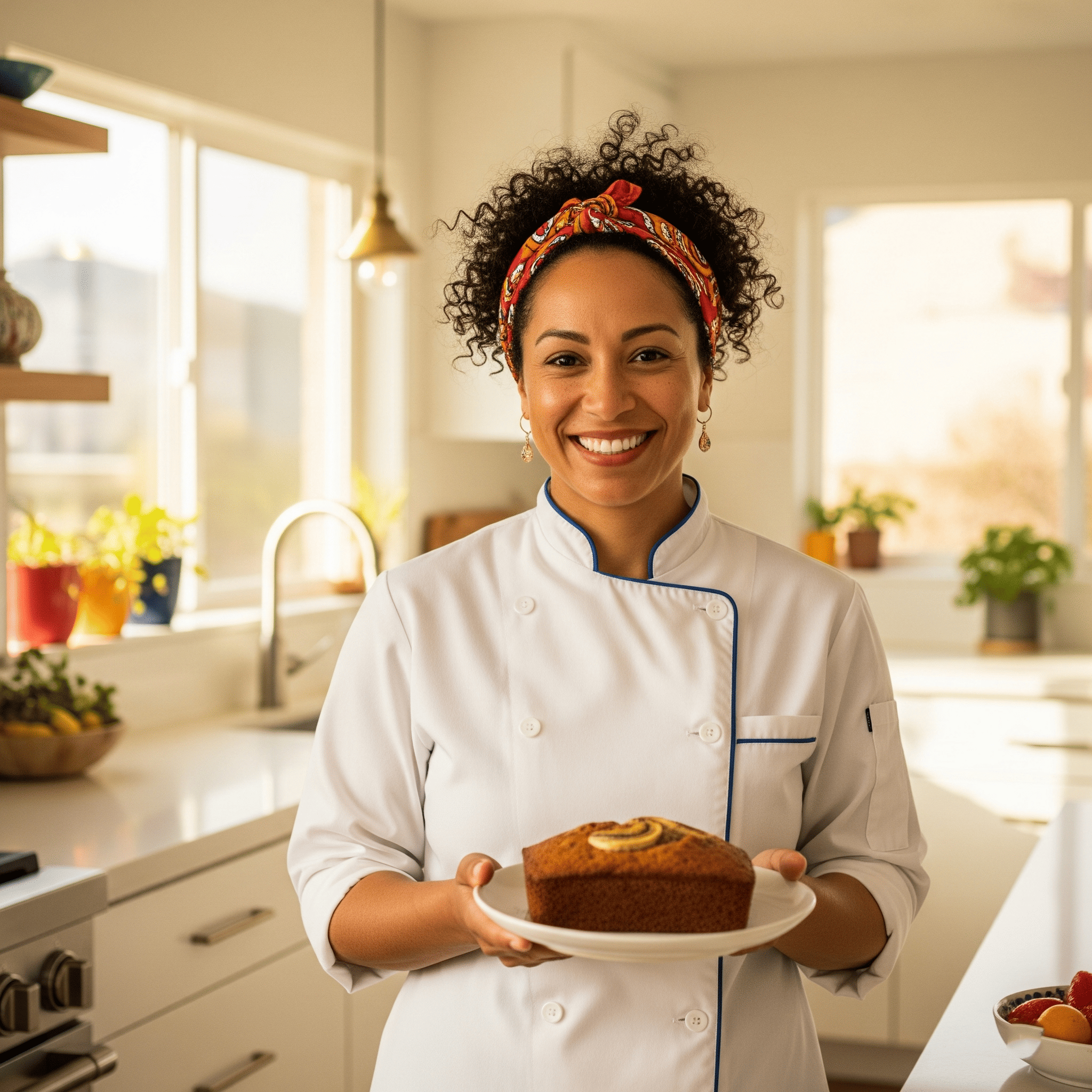Chef Luiza segurando prato saudável